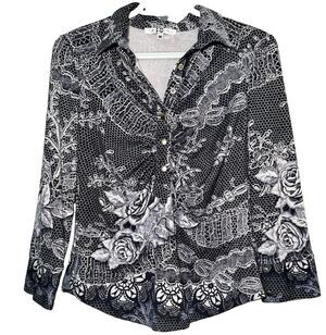IQ Paris Women’s Medium Black White Floral Lace Print Ruched Snap Front Blouse